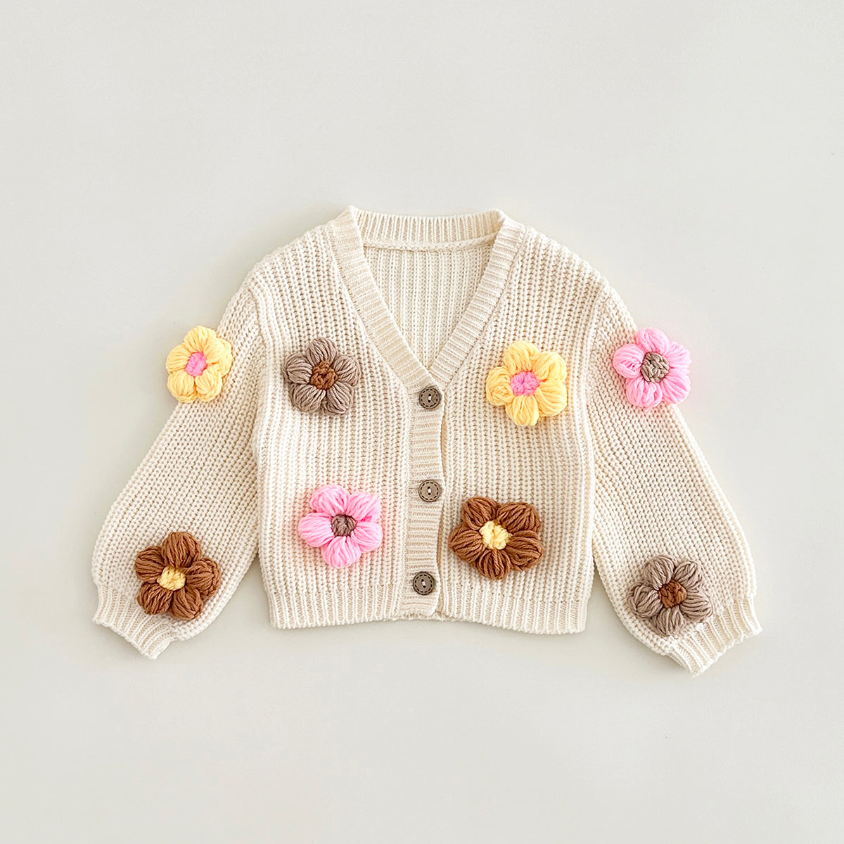 Cute Baby 3D Color Flower Cardigan, Soft Thick Knit Girls Outerwear