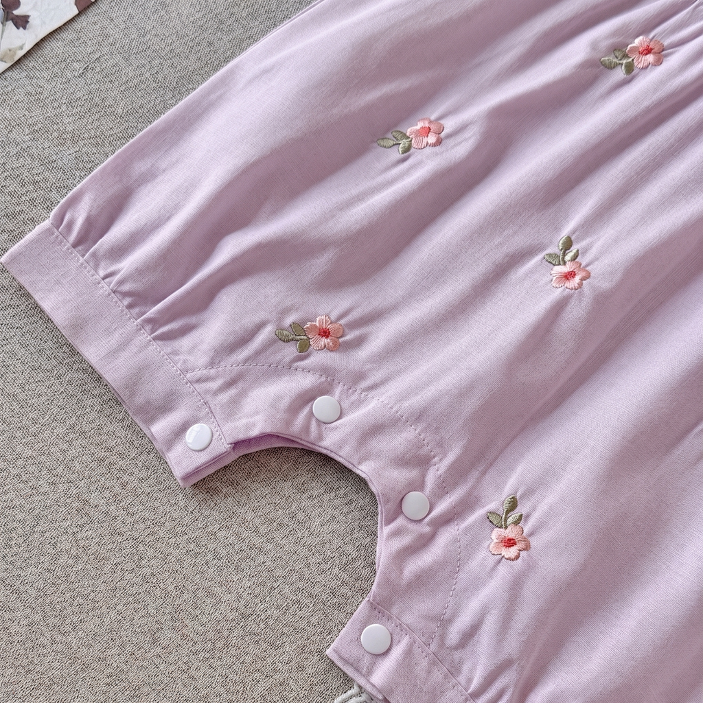 Puff Sleeve Baby Romper Floral Embroidery Peter Pan Collar Bodysuit