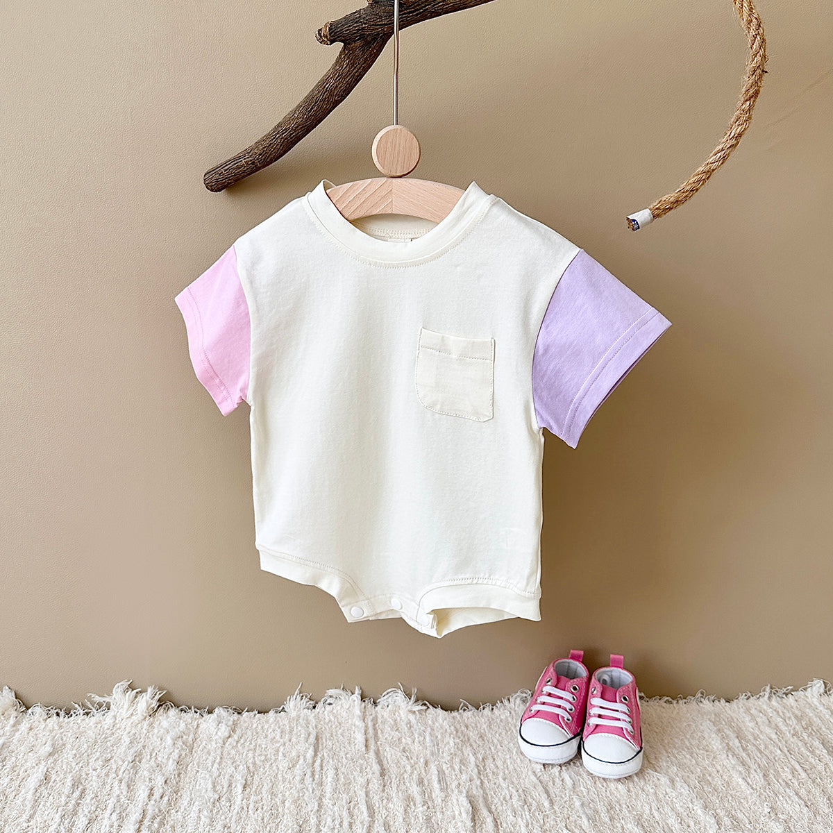 Color Spliced Short Sleeve Romper for Baby Boys & Girls, Summer