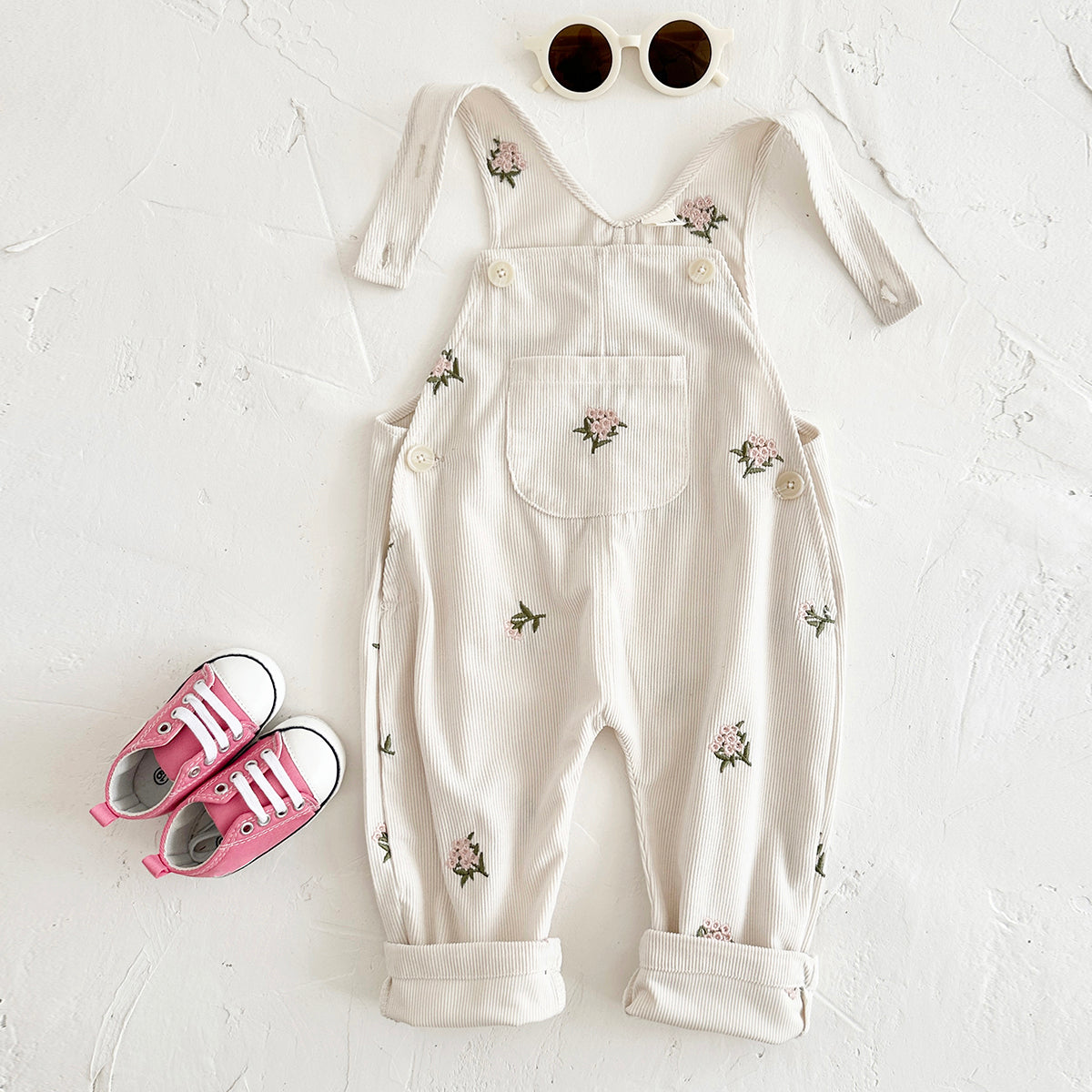 Baby Girl 2 Tone Embroidered Overalls, Loose Versatile Infant Trousers