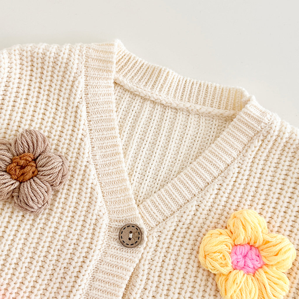 Cute Baby 3D Color Flower Cardigan, Soft Thick Knit Girls Outerwear