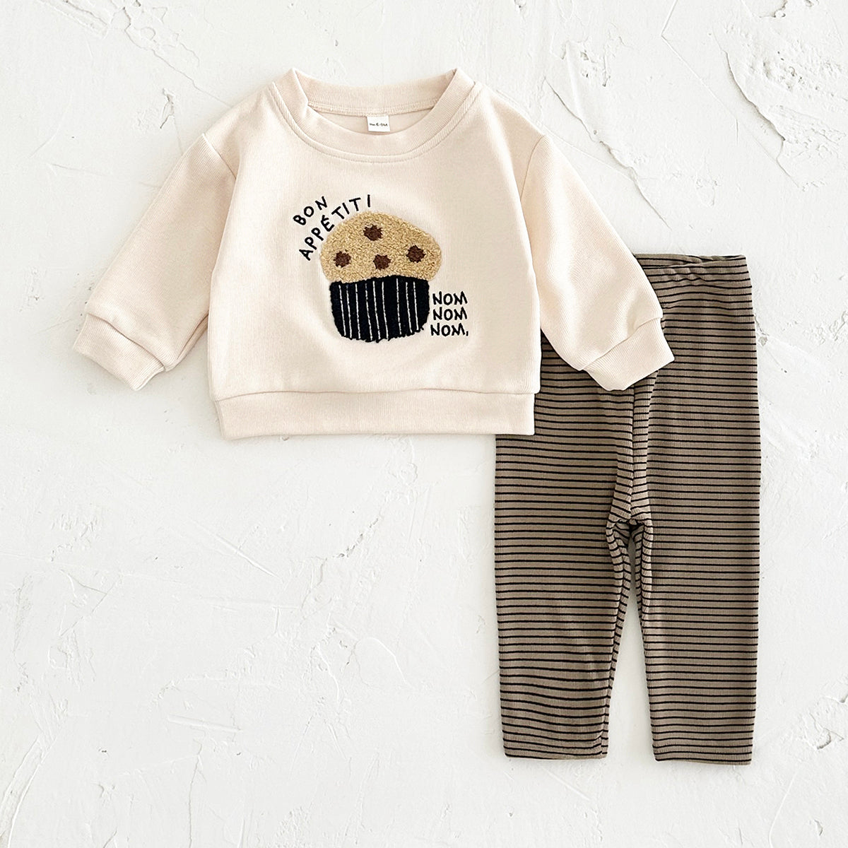 Cute Baby Snack Outfit, 3D Towel Embroidery Sweatshirt With Striped Pants