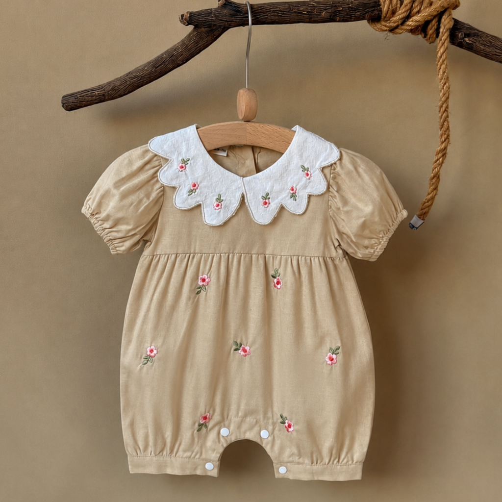 Puff Sleeve Baby Romper Floral Embroidery Peter Pan Collar Bodysuit