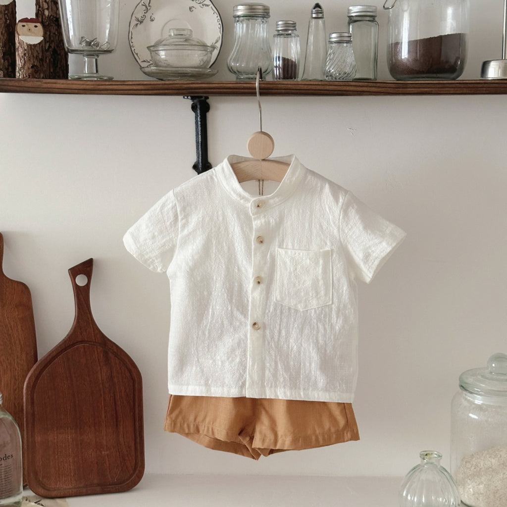 Baby Stand Collar Linen Shirt & Shorts Set