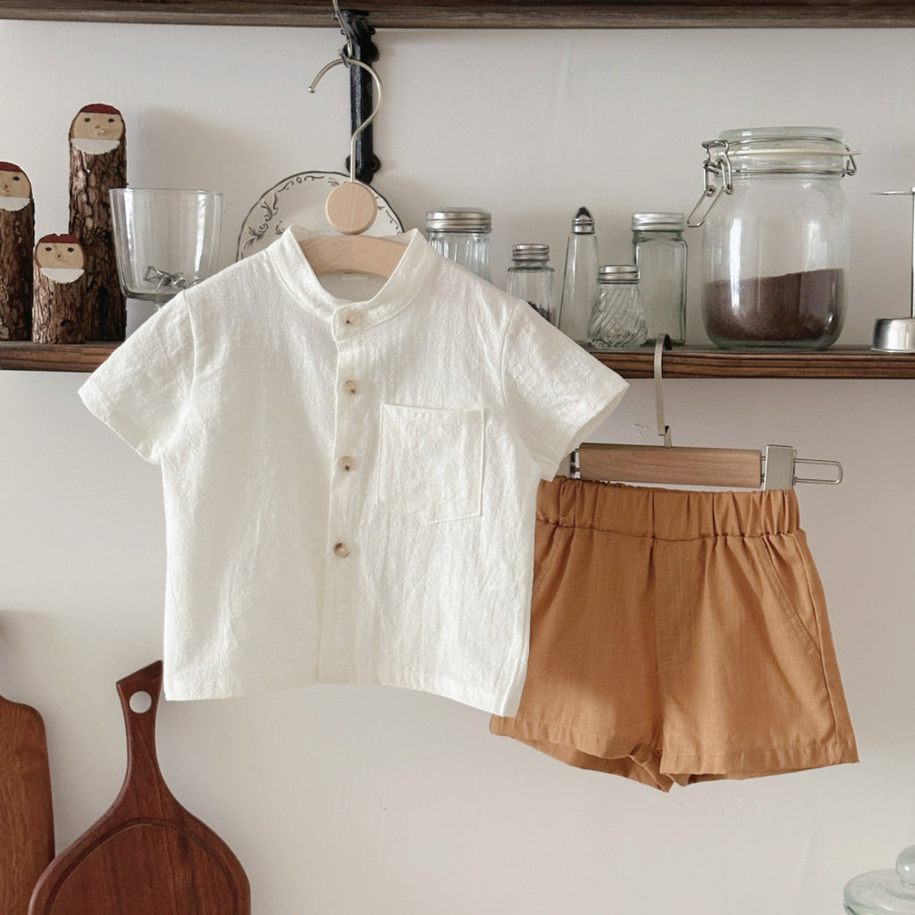 Baby Stand Collar Linen Shirt & Shorts Set