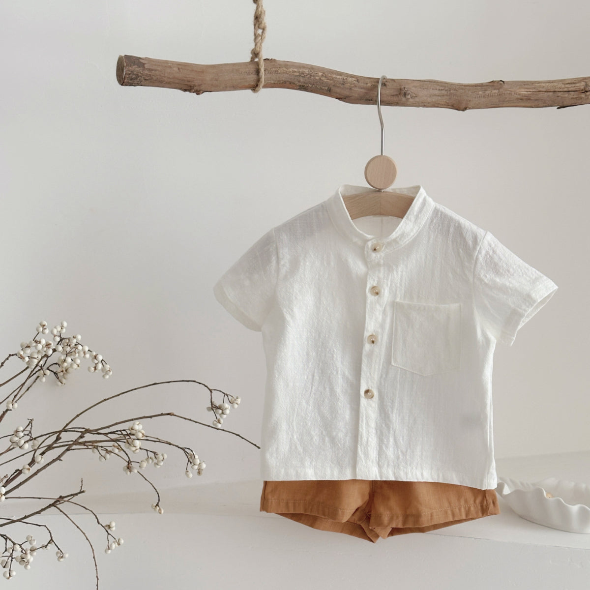 Baby Stand Collar Linen Shirt & Shorts Set
