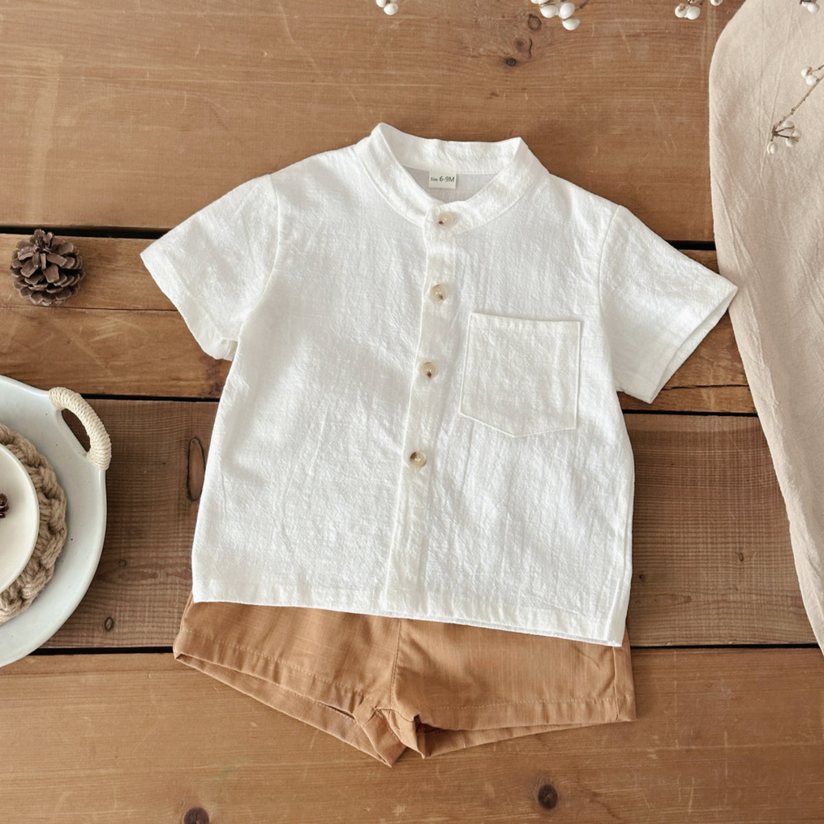 Baby Stand Collar Linen Shirt & Shorts Set