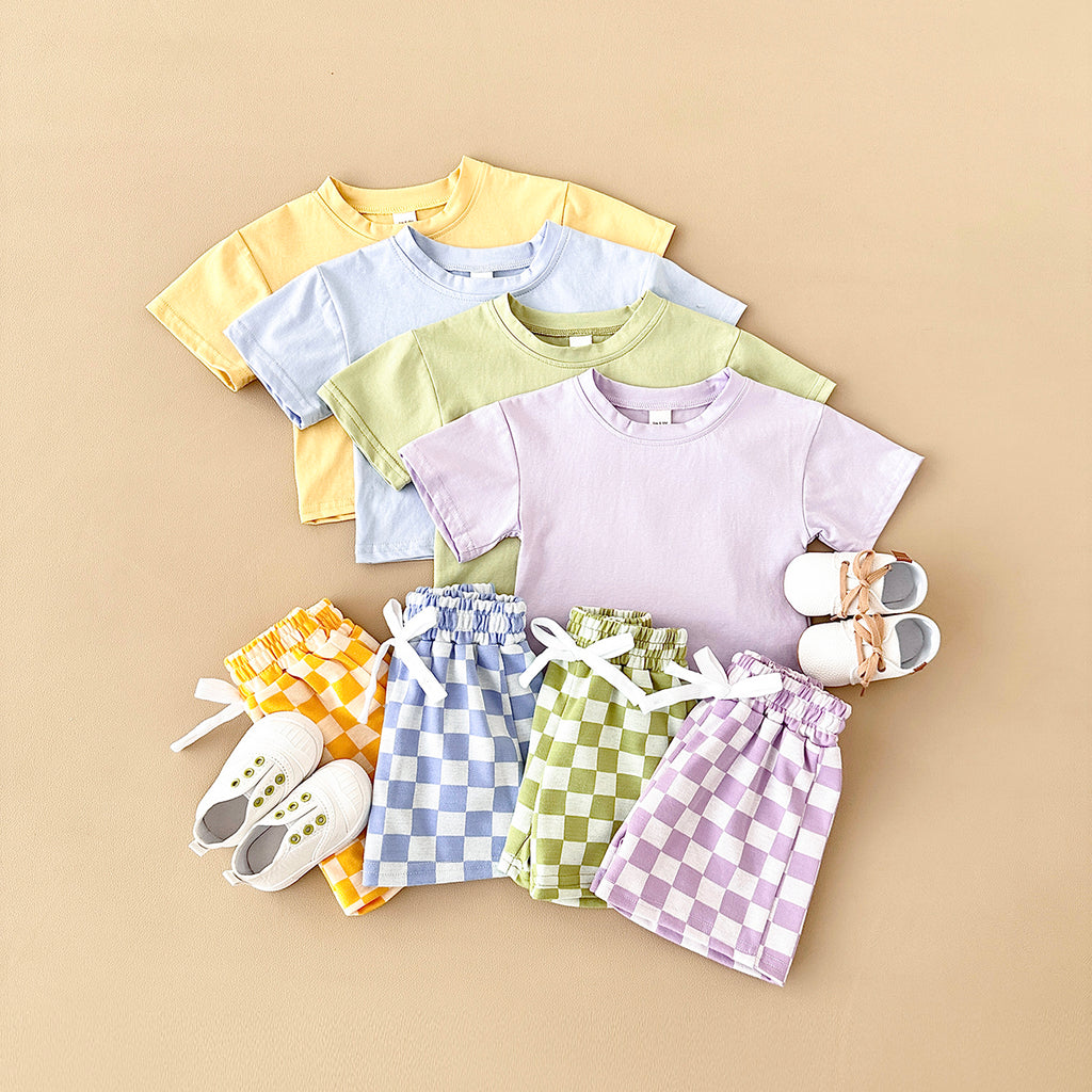 Summer Casual Solid Short Sleeve T-shirt & Plaid Shorts