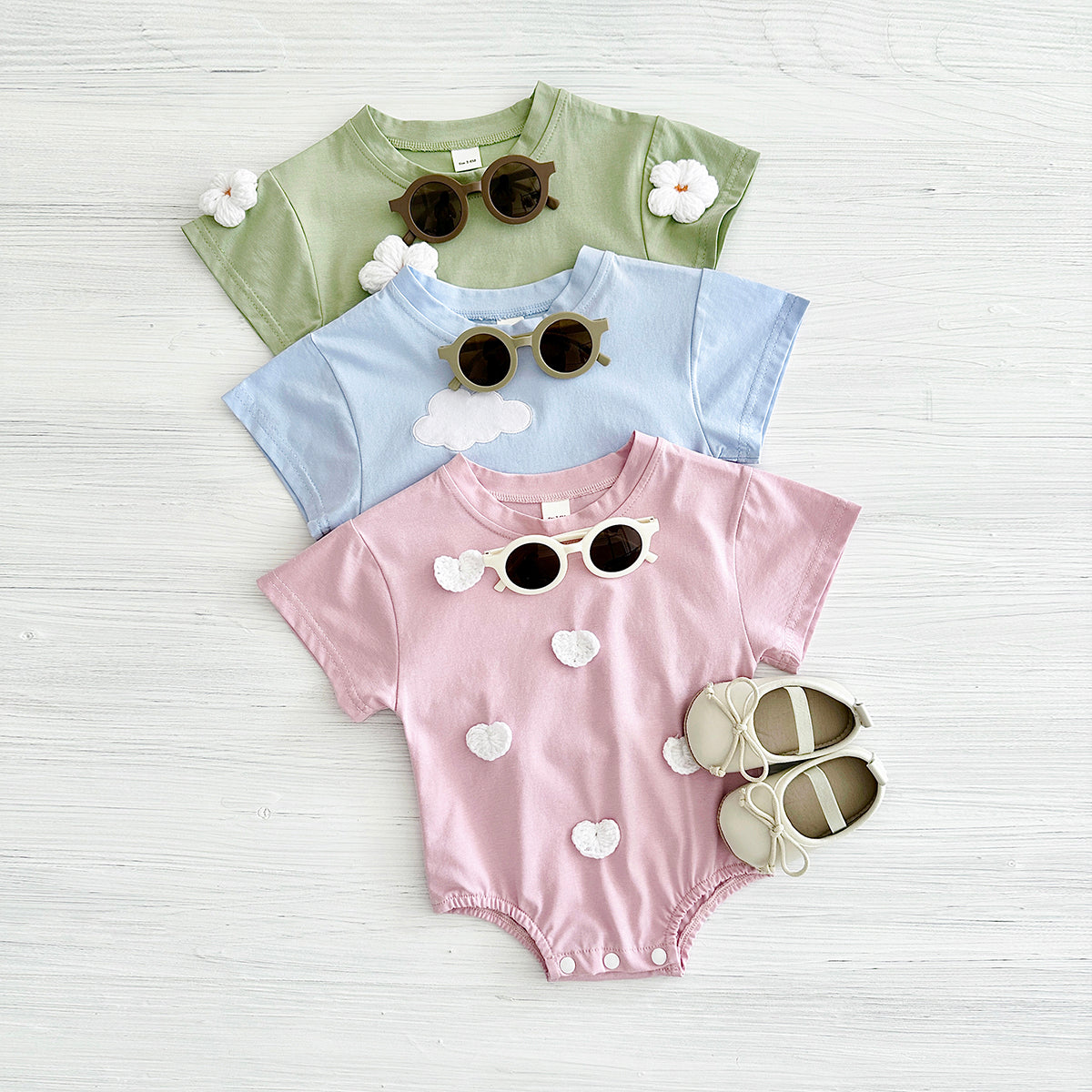 Summer 3D Cloud Flower Heart Short Sleeve Romper