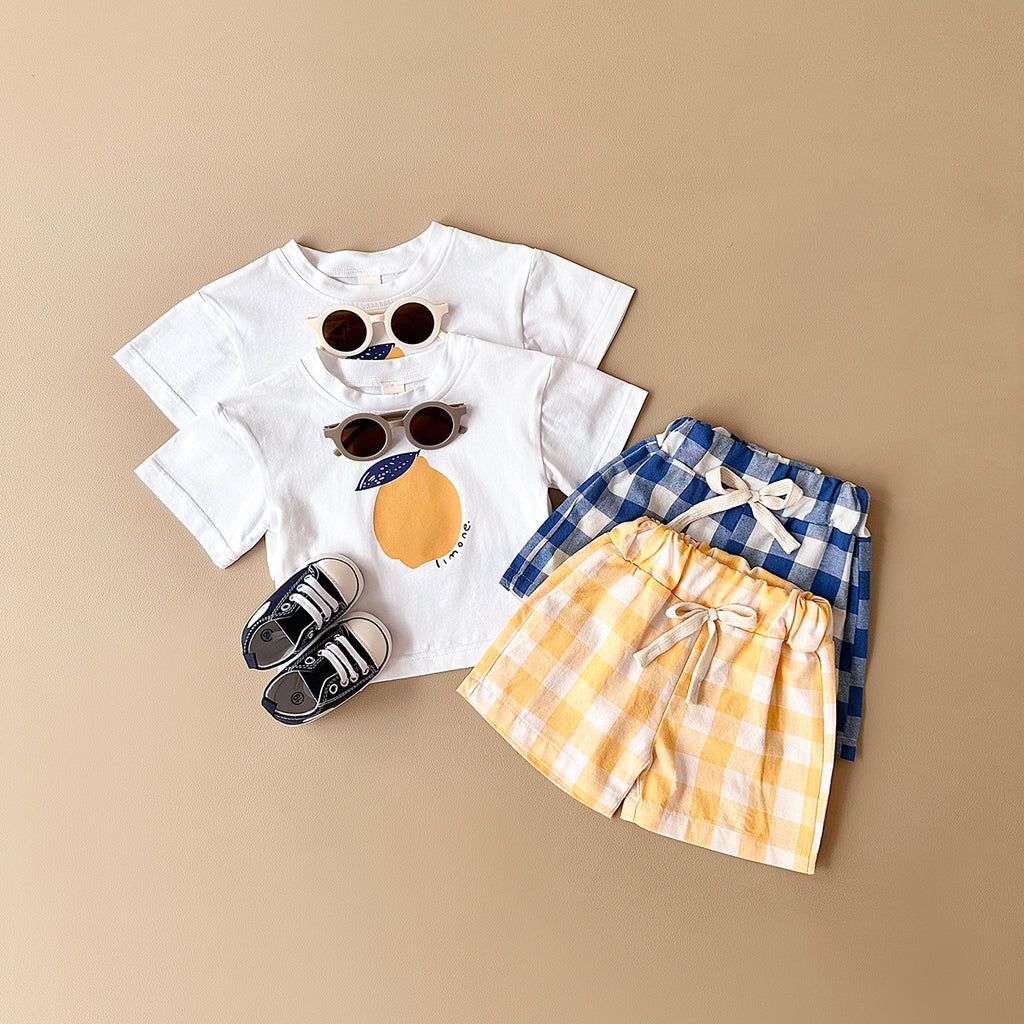 Summer Yellow Plaid Shorts & Pear Print Short Sleeve T-shirt