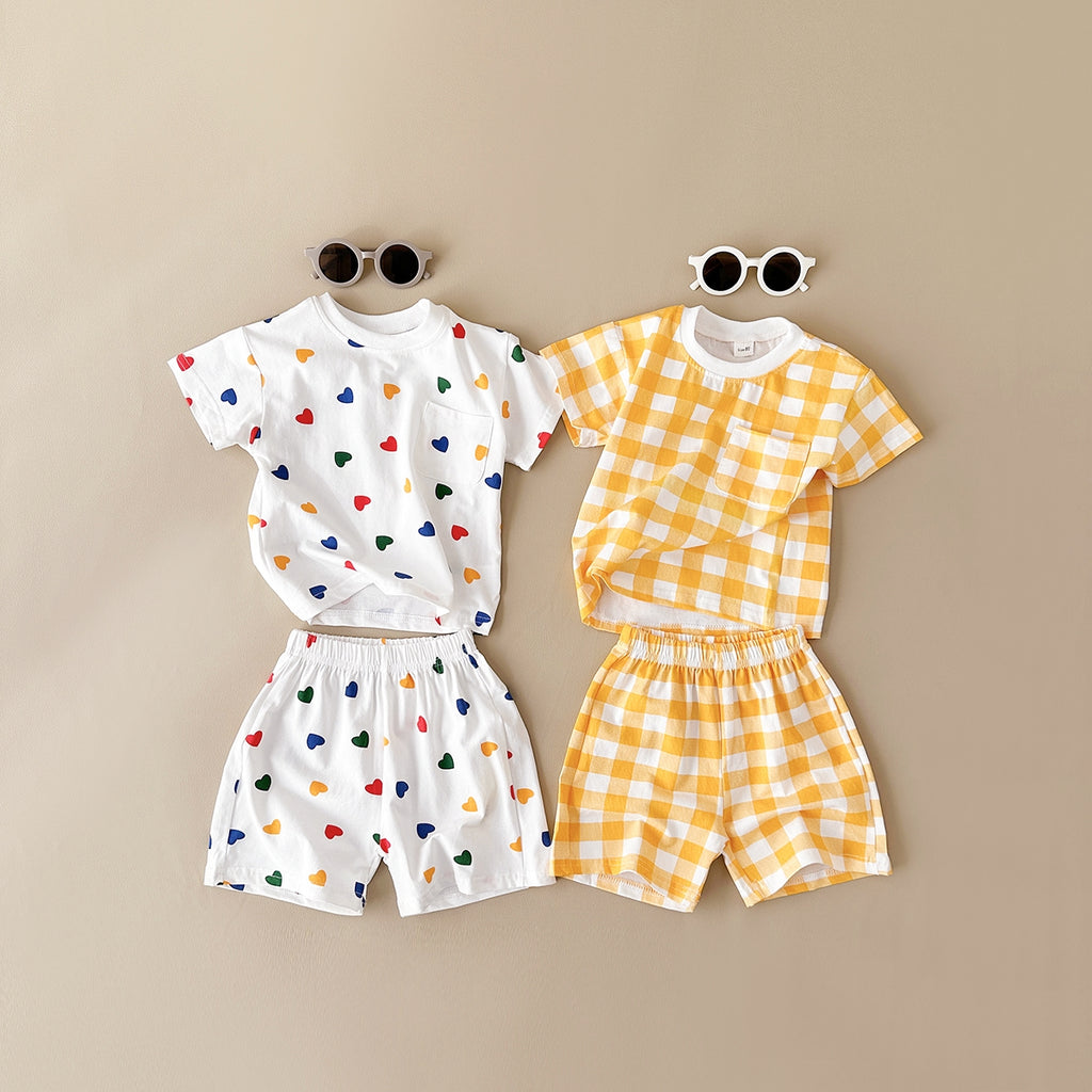 Sweet Rainbow Tiny Heart Girls Set Pocket Cotton Summer Baby 2Pcs Suit
