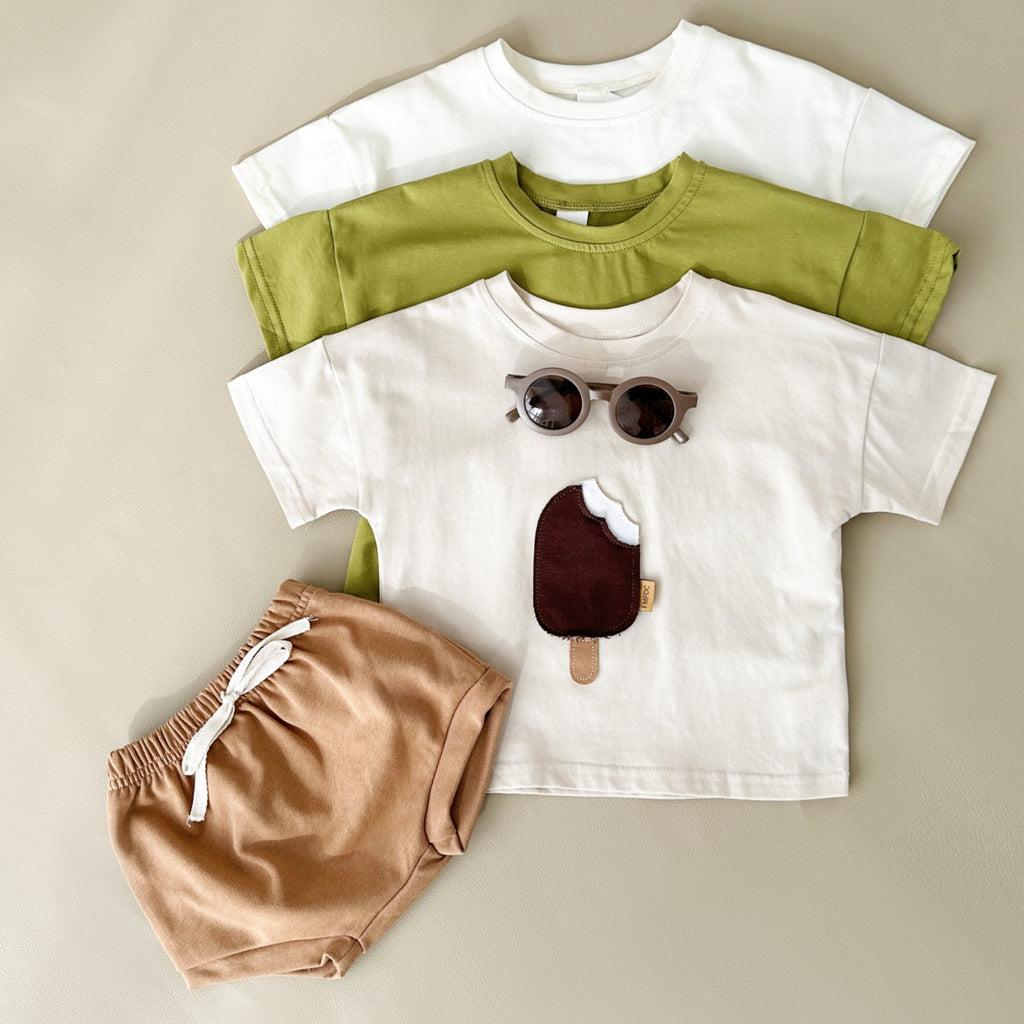 Summer Cute Ice Cream Applique Short Sleeve T-shirt & Shorts