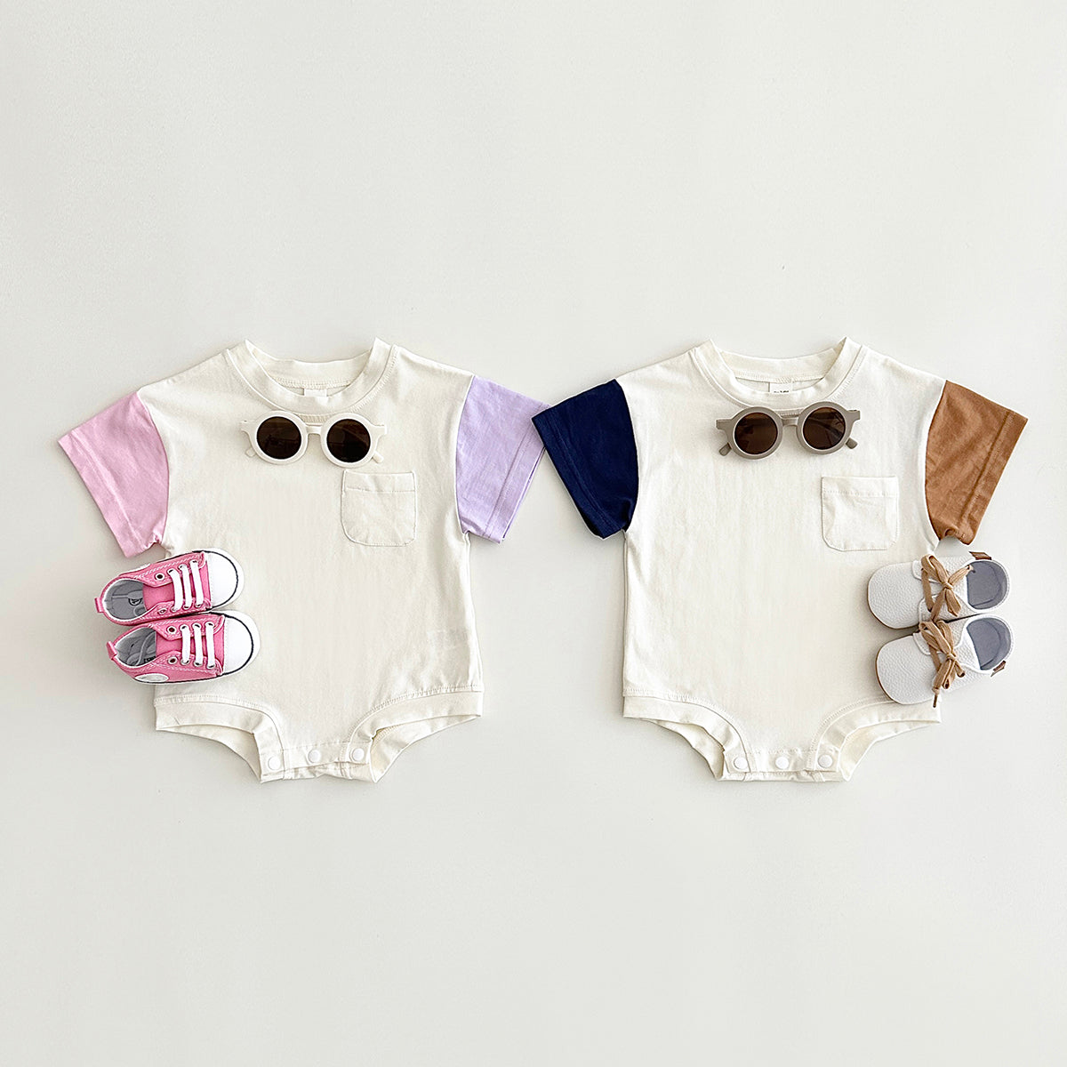 Color Spliced Short Sleeve Romper for Baby Boys & Girls, Summer