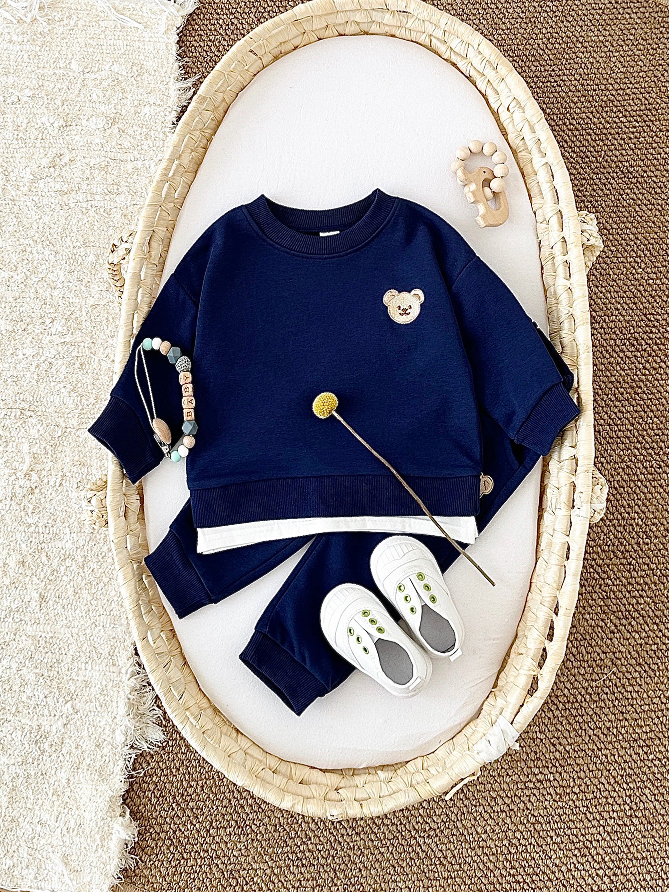 Soft Pink Bear Embroidery Baby Sweatshirt Set Korean Girls 2Pcs Outfit