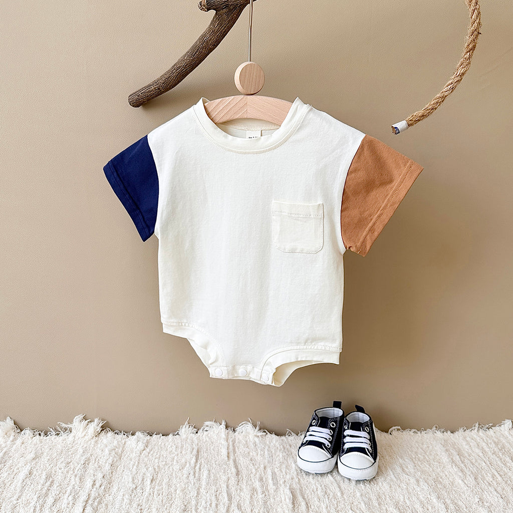 Color Spliced Short Sleeve Romper for Baby Boys & Girls, Summer