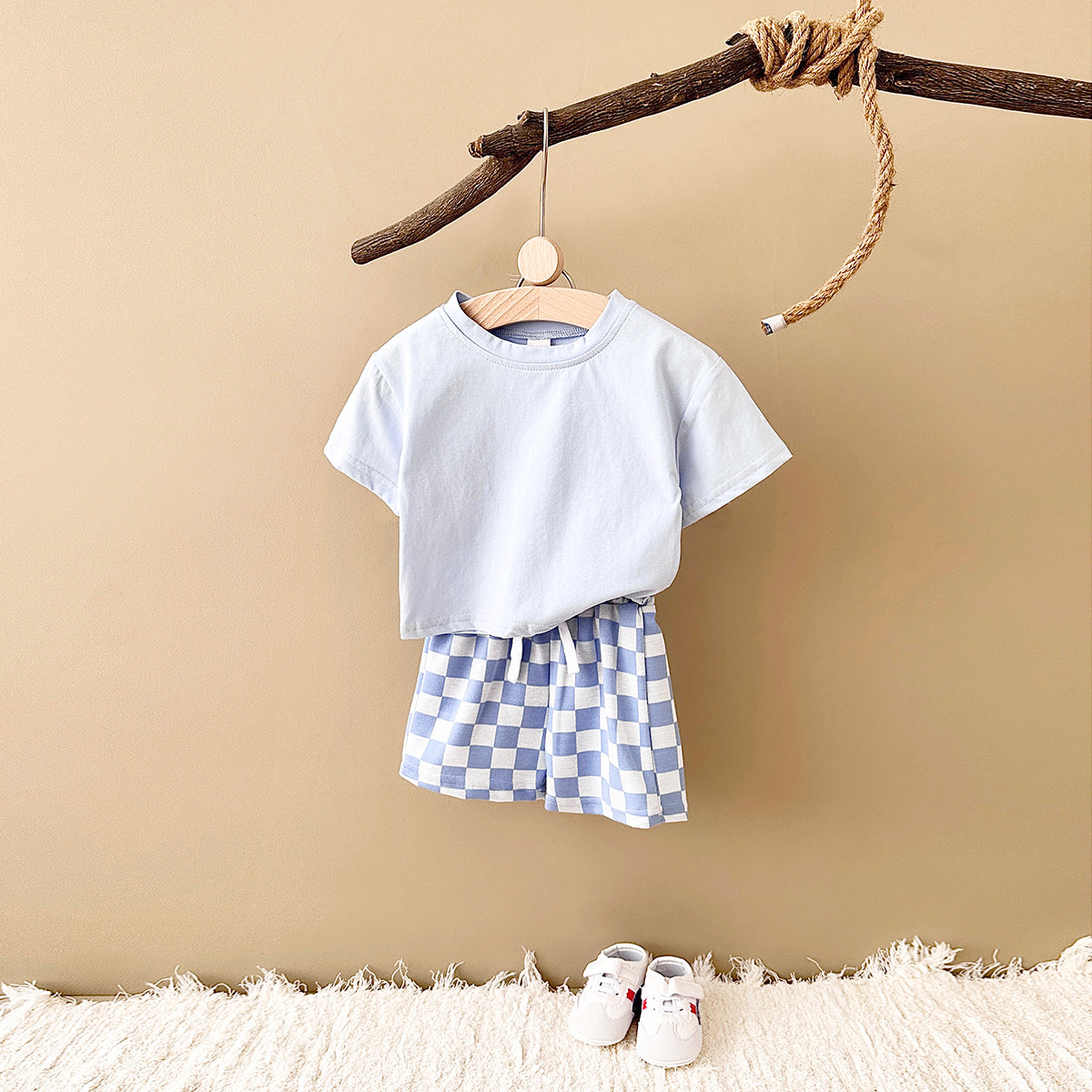 Summer Casual Solid Short Sleeve T-shirt & Plaid Shorts