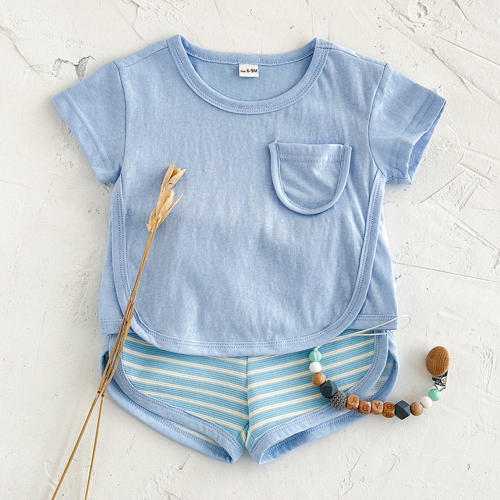 Summer Casual Striped Short Sleeve Set with Chest Pockets
