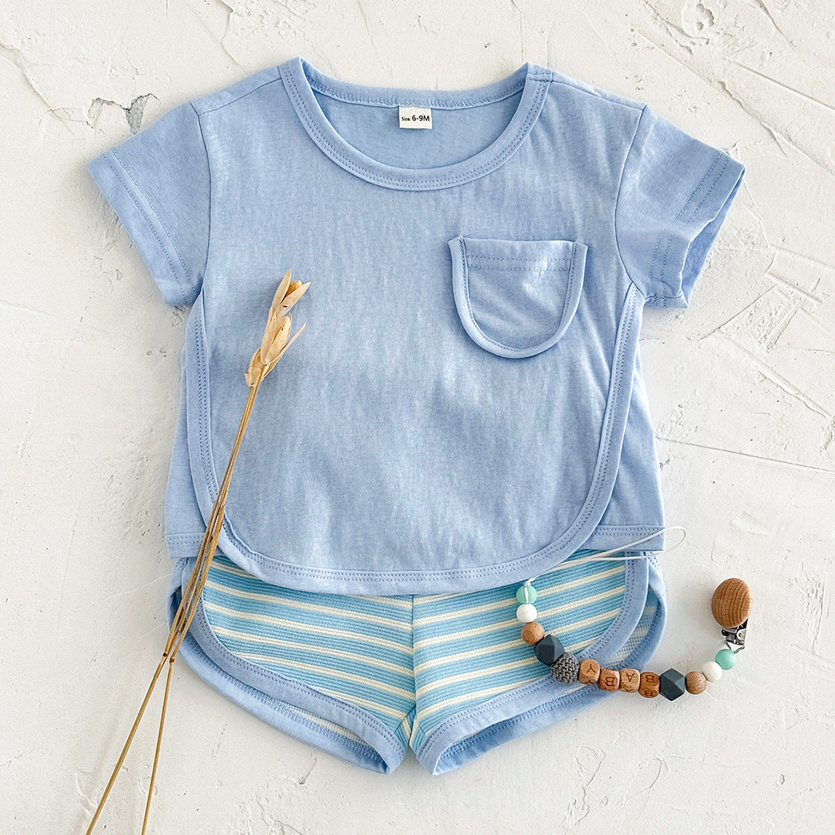Summer Casual Striped Short Sleeve Set with Chest Pockets