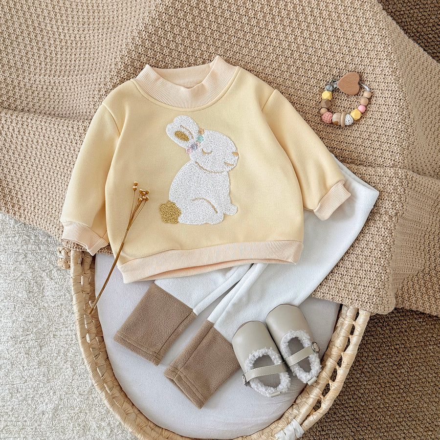 طقم قطيفة بأكمام طويلة مزين بتطريز أرنب أصفر (0-3 سنوات)