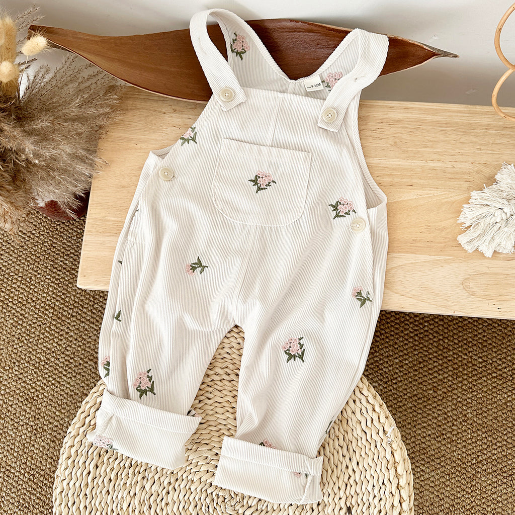 Baby Girl 2 Tone Embroidered Overalls, Loose Versatile Infant Trousers
