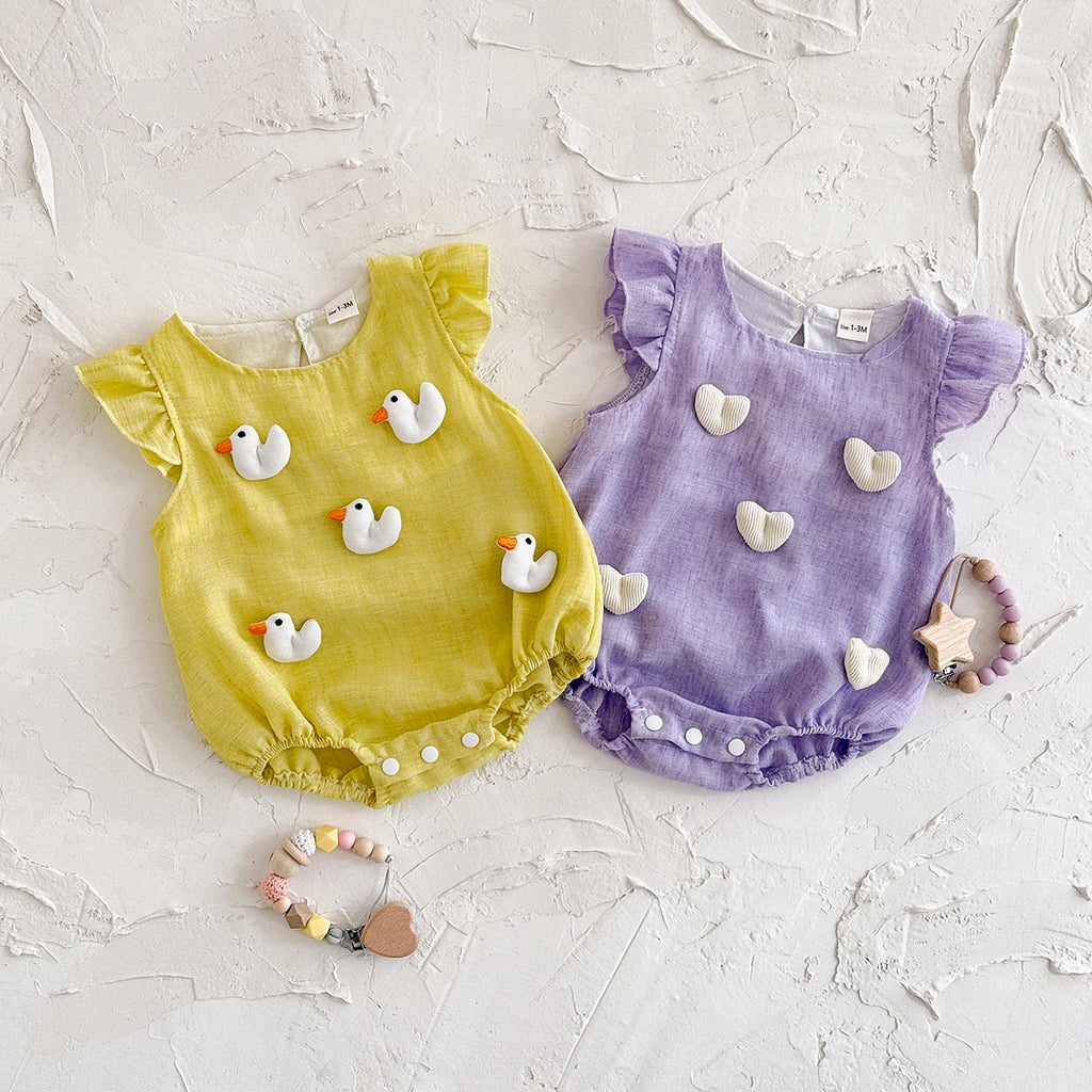 Summer Candy Color Romper with Heart & Duck Print for Baby Girls