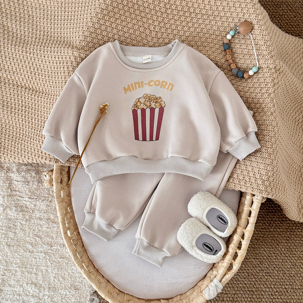 Fun Popcorn Print Baby Winter Fleece Set Crew Neck Sweatshirt Casual Pants
