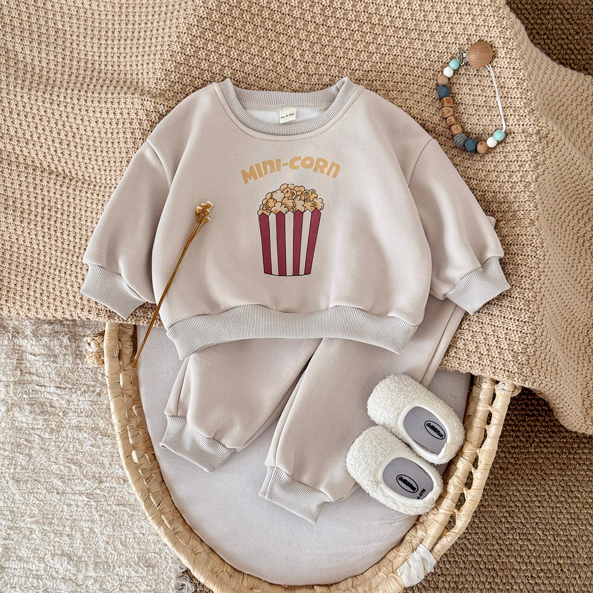 Fun Popcorn Print Baby Winter Fleece Set Crew Neck Sweatshirt Casual Pants