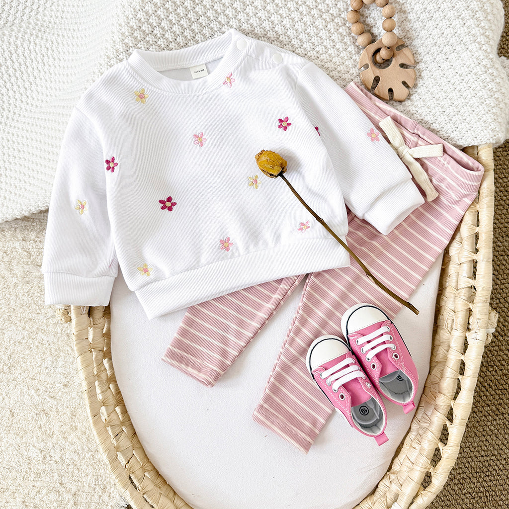 Cute Baby Girl Outfit, Allover Floral Sweatshirt With Pink Striped Pants