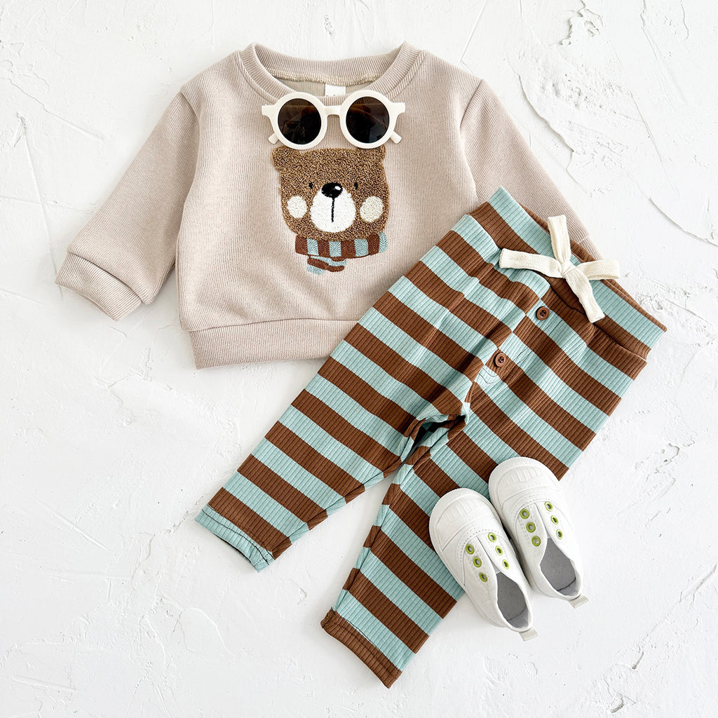 Vintage Bear Baby Outfit, Loose Crewneck Bear Sweatshirt And Striped Pants