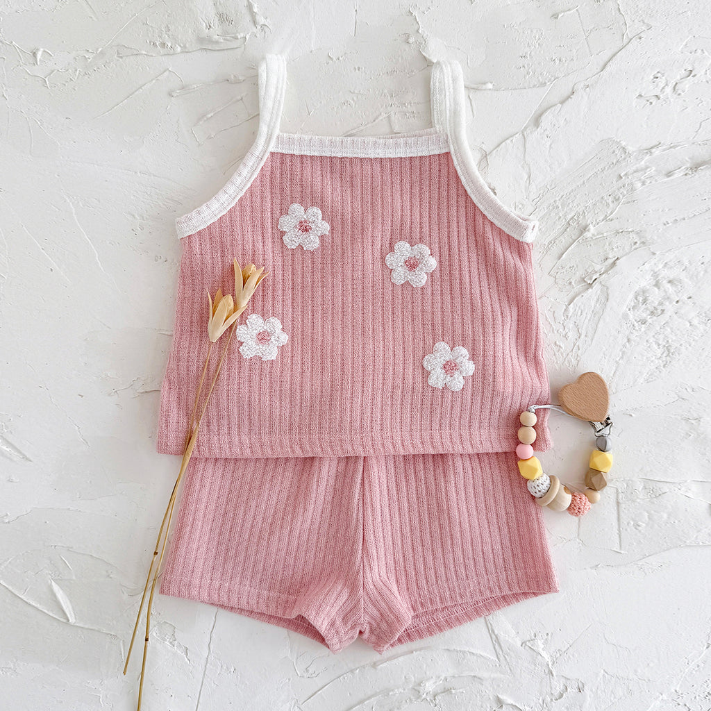 Summer Pink Floral Towel Embroidery Cami Set for Baby Girls