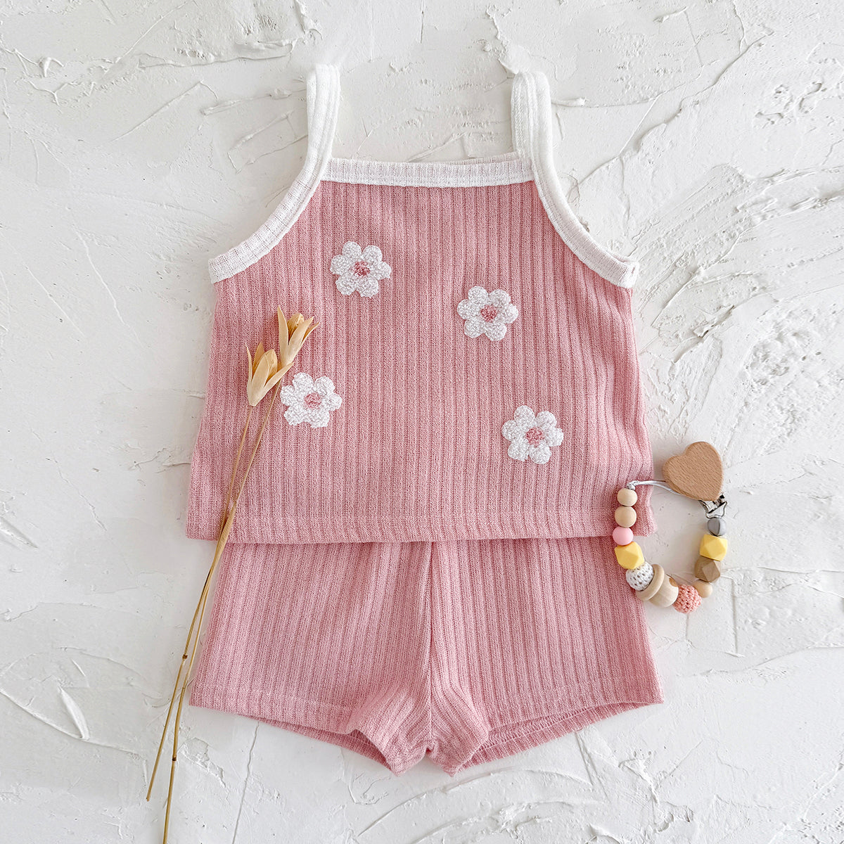 Summer Pink Floral Towel Embroidery Cami Set for Baby Girls
