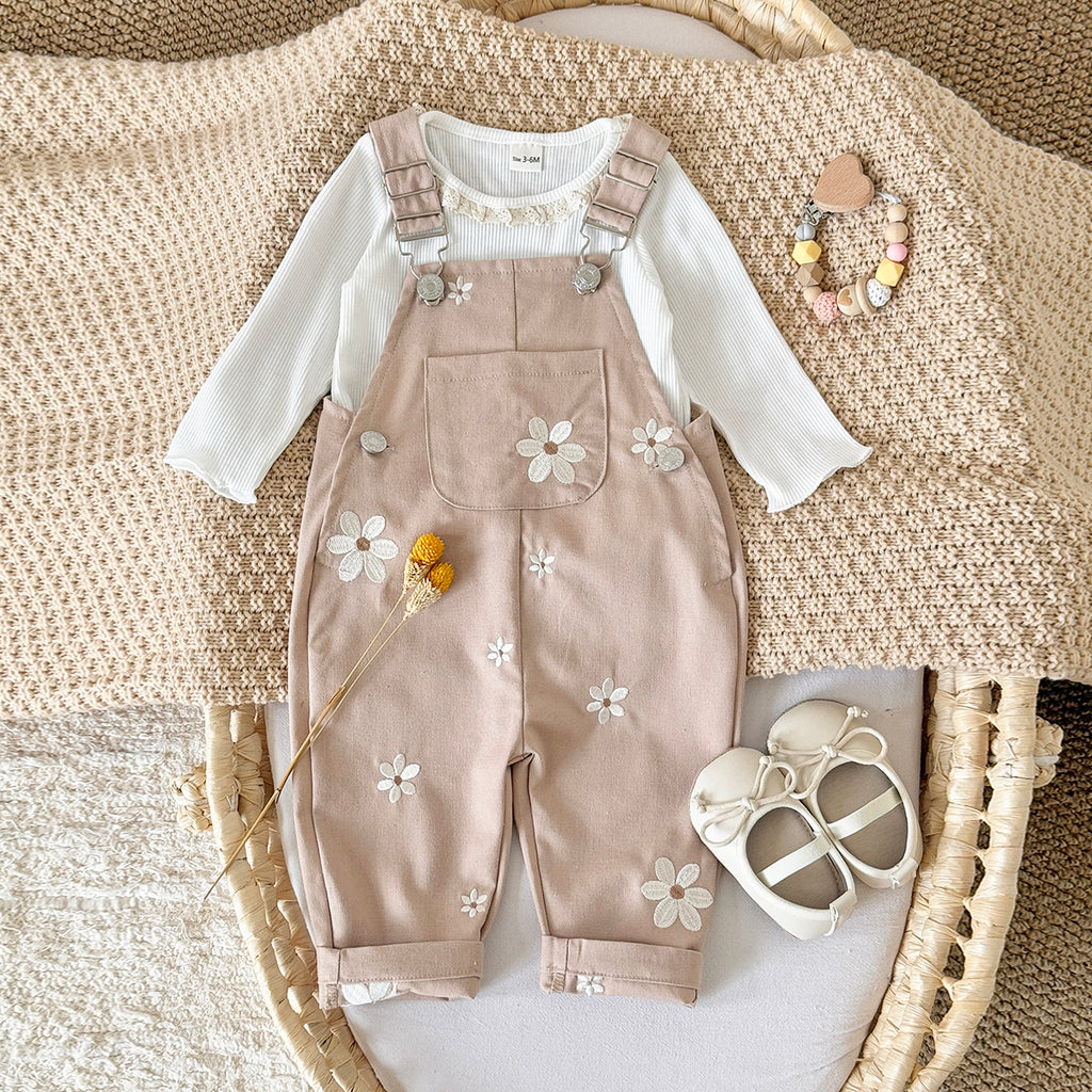 Baby Girl Floral Embroidered Suspender Overalls Spring Autumn Casual Pants 0-3 Years Old