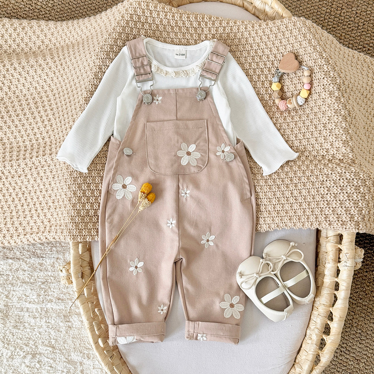 Baby Girl Floral Embroidered Suspender Overalls Spring Autumn Casual Pants 0-3 Years Old