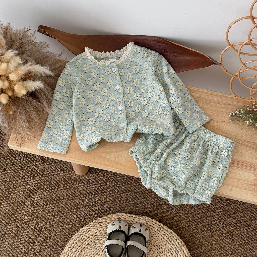 Summer Green Set with White Floral Print for Girls