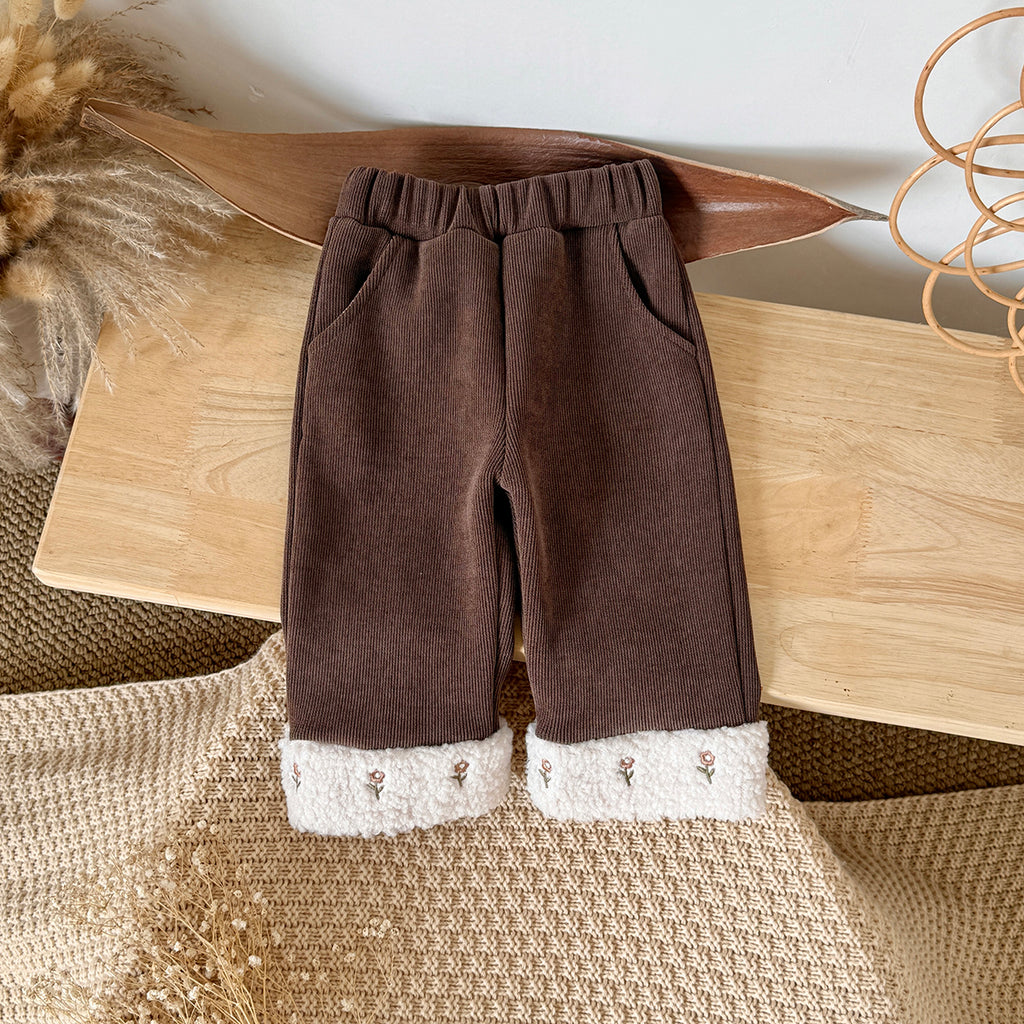 Cute Embroidered Fleece Cuff Kids Winter Pants Elastic Waist Corduroy Girls Pants