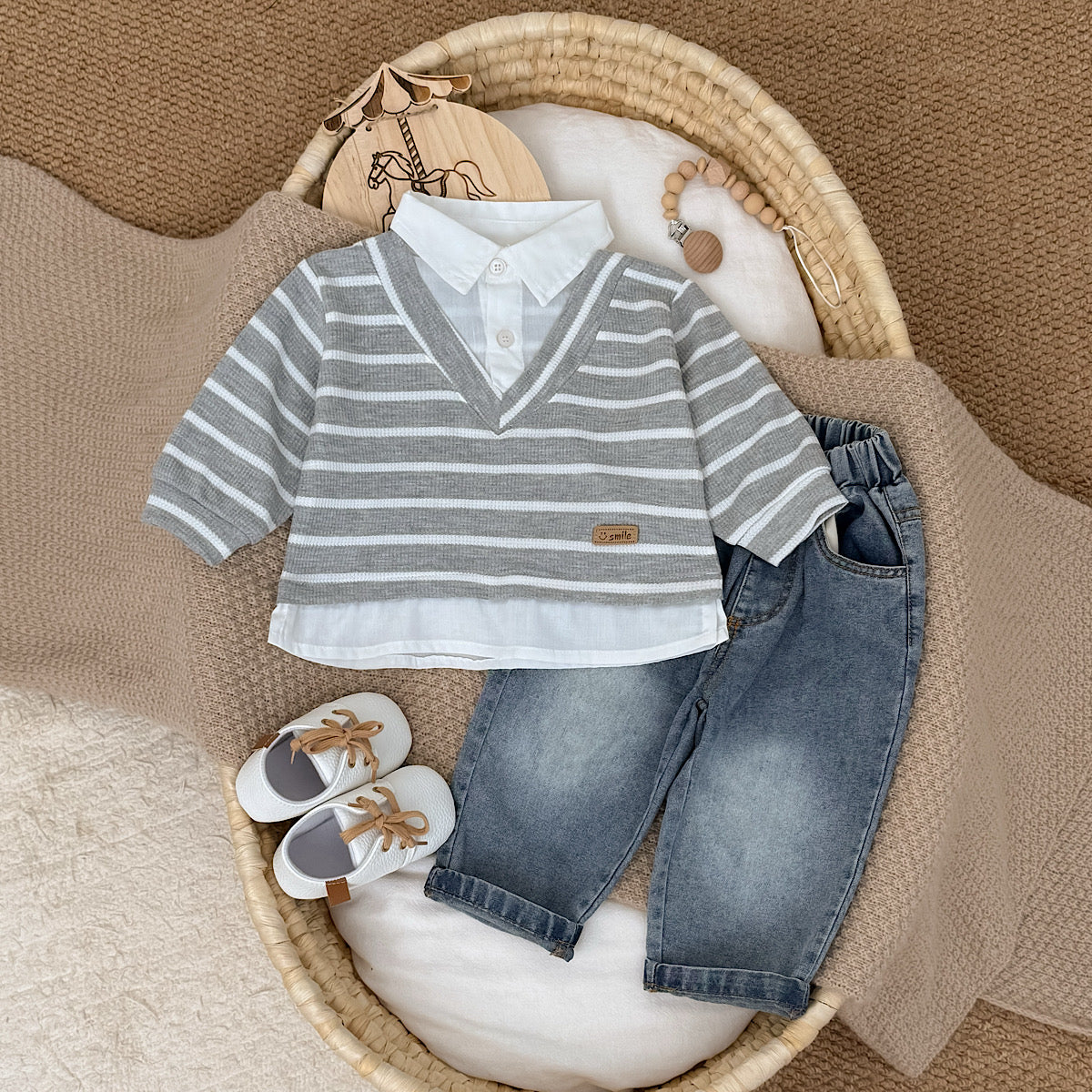 Fake Two-Piece Top & Jeans Set for Spring Autumn