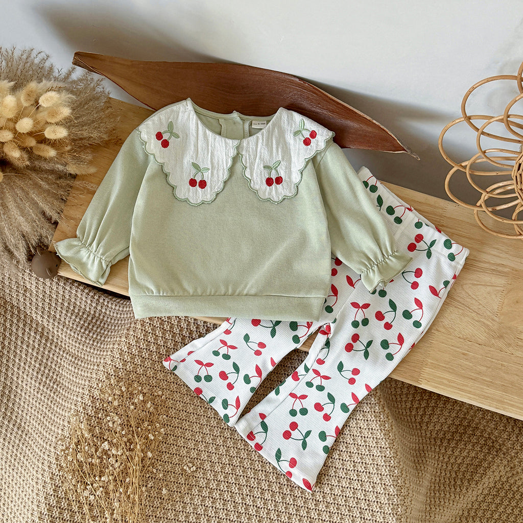 Fresh Cherry Baby 2Pcs Set Girls Big Collar Embroidery Clothing Set