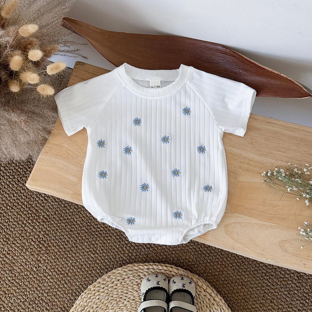 Summer White Romper with Blue Floral Print for Baby Girls