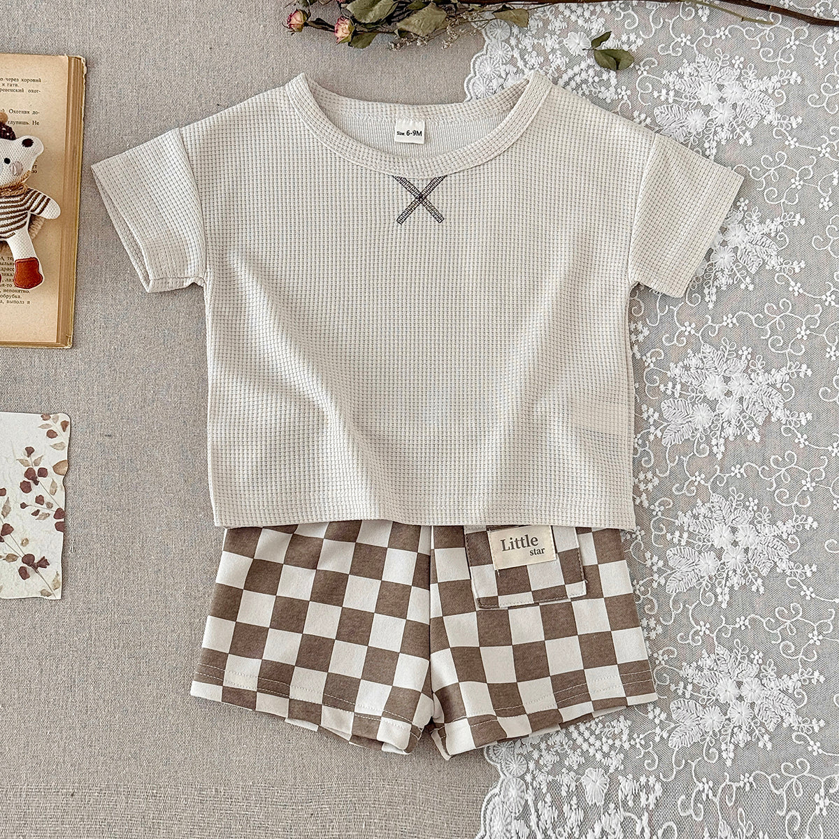 Baby Waffle Knit Tee & Checkerboard Shorts 2Pcs Summer Outfit