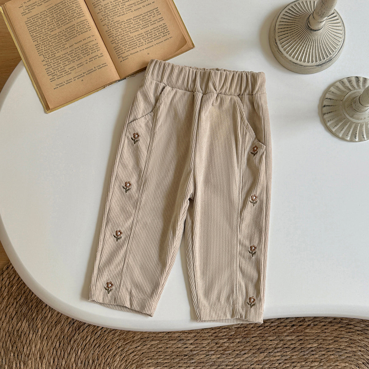 Boys and Girls Corduroy Flower Embroidered Pants