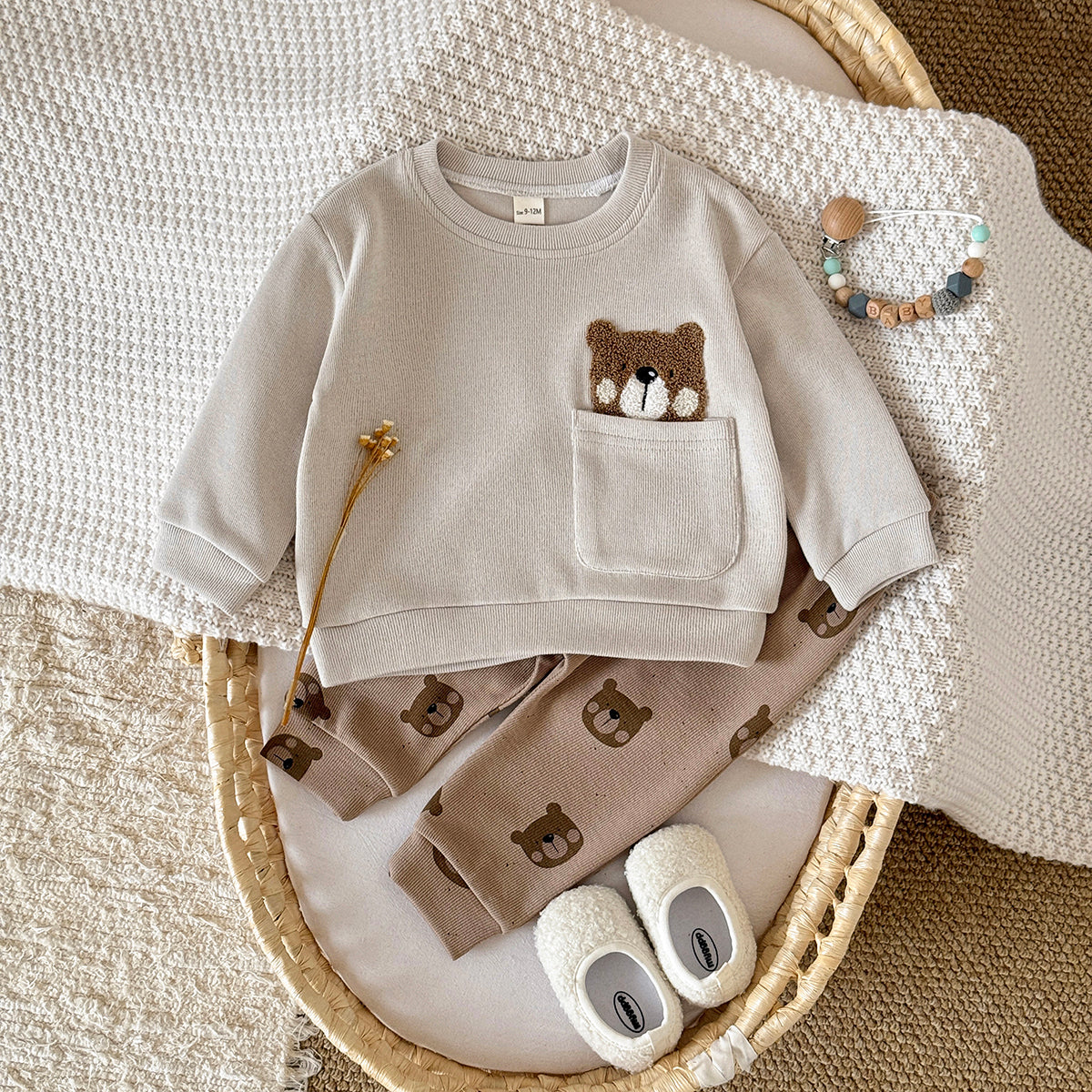 Baby Bear Embroidered Top and Printed Pants Outfit Set 6Months-3Years