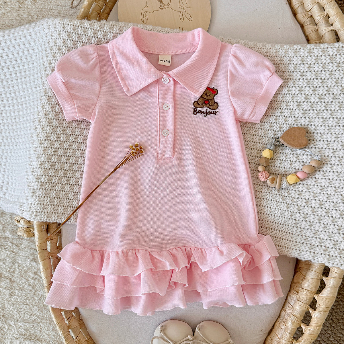 Baby Girl Pink Polo Dress Bear Embroidery Ruffle Hem
