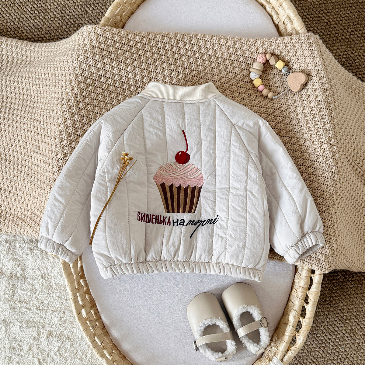 Fun Cartoon Embroidery Infant Quilted Coat Vertical Stitch Toddler Fall Jacket