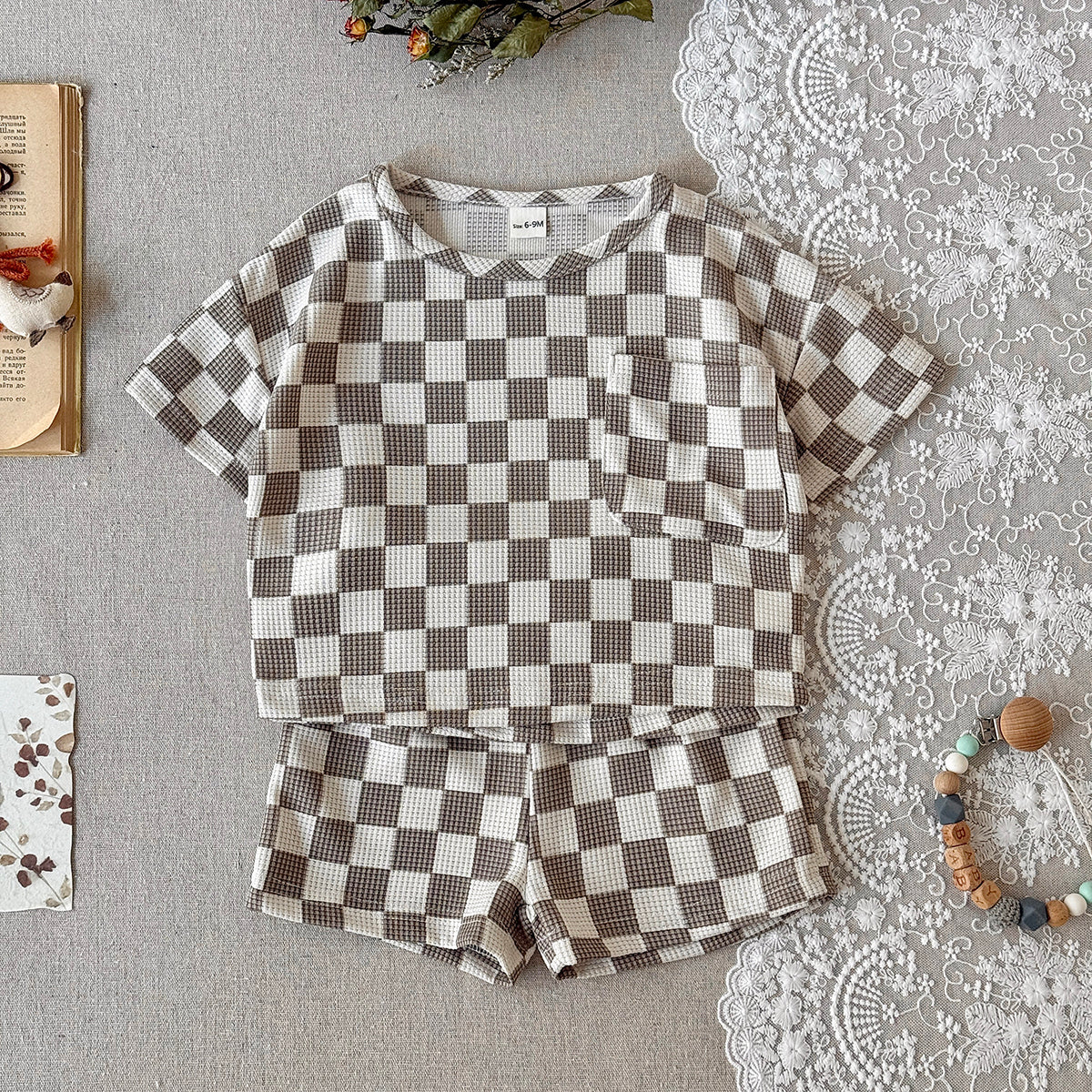 Checkered Baby Waffle 2Pcs Outfit Short Sleeve Tee & Shorts