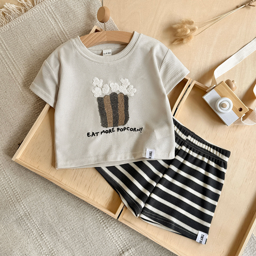 Baby Waffle Popcorn Graphic Tee Striped Shorts Outfit  >