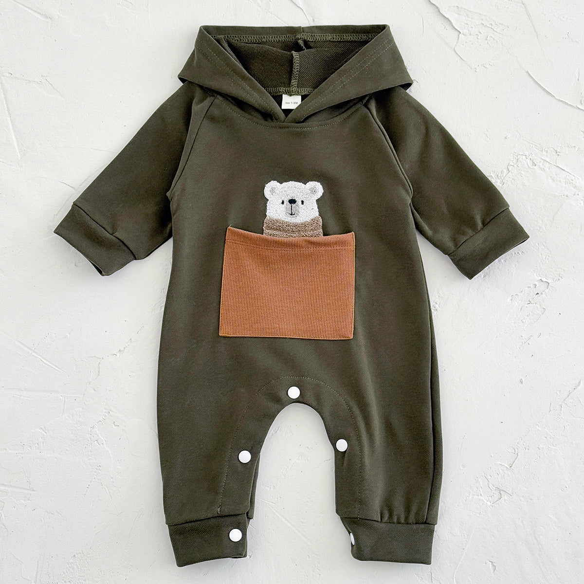 Simple Baby Jumpsuit Cartoon Bear Pocket Hooded Newborn Romper