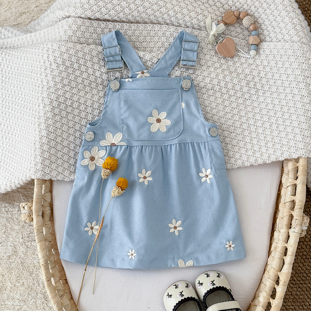 Summer Blue Floral Embroidery Dress for Baby Girls