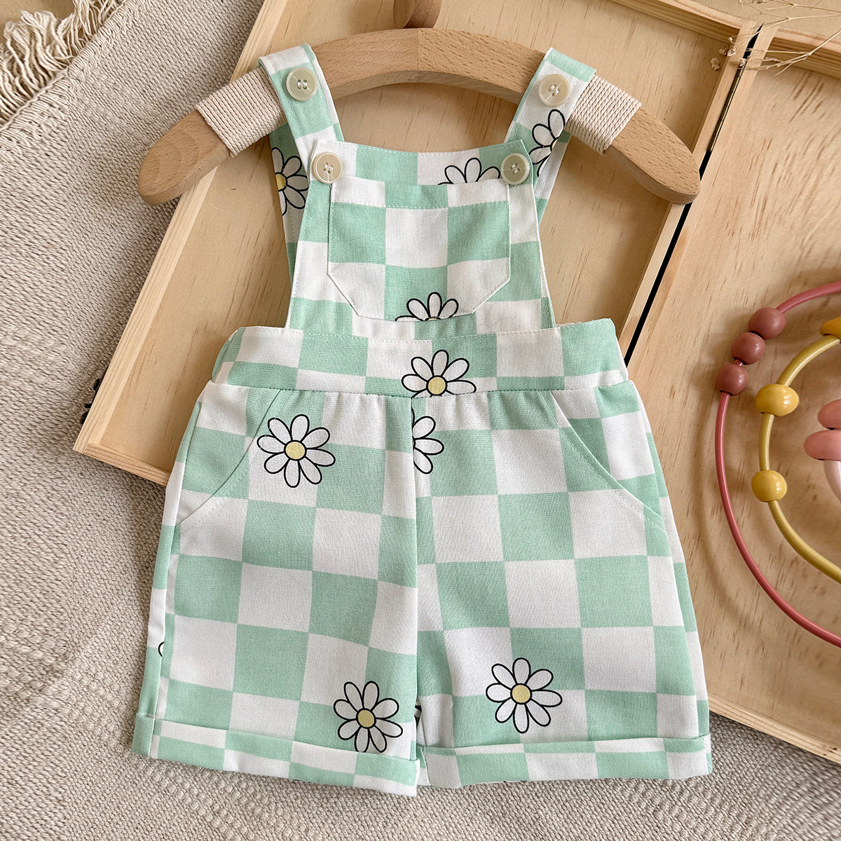 Baby Green Checkered Daisy Short Overalls