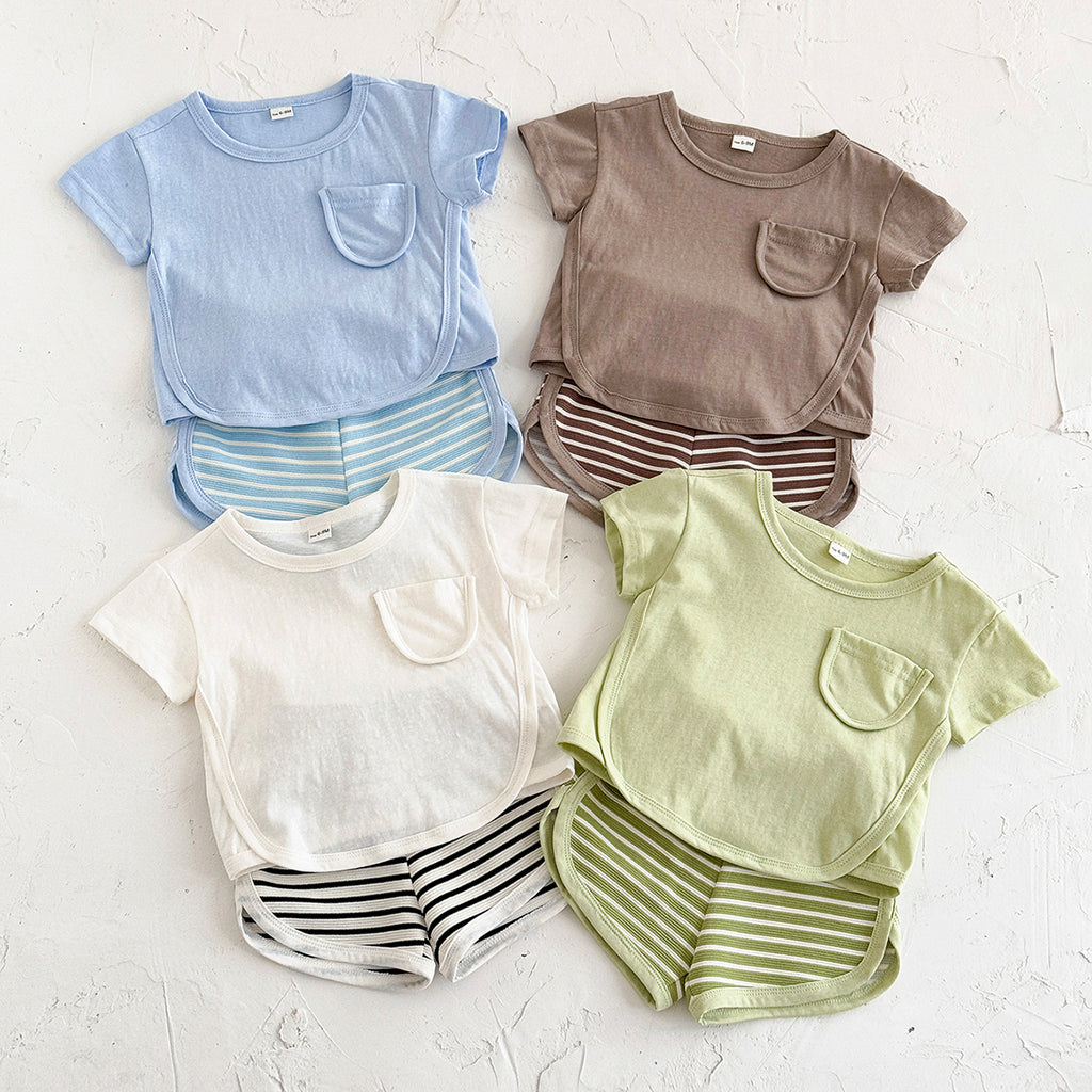Summer Casual Striped Short Sleeve Set with Chest Pockets