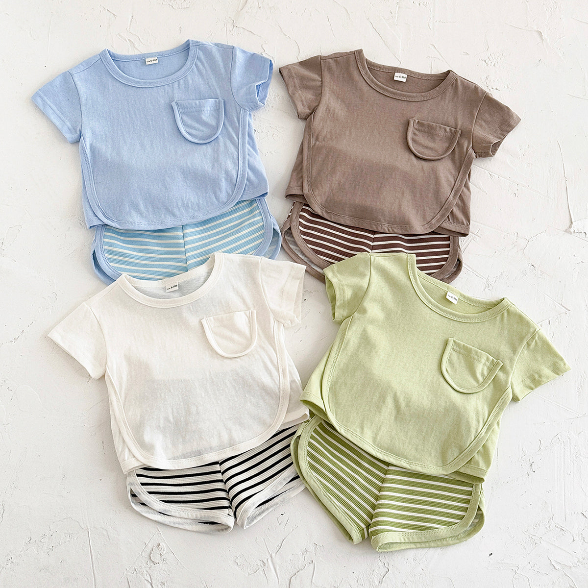 Summer Casual Striped Short Sleeve Set with Chest Pockets